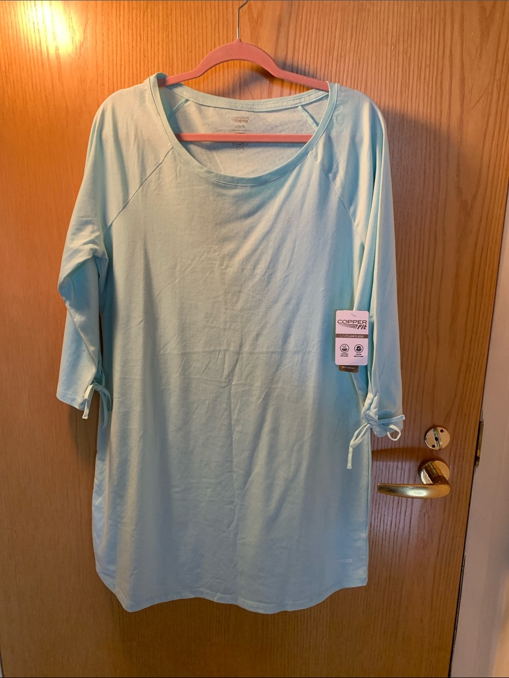 New! Copper Fit Light Blue Scoop Neck Tunic with 3/4 Tie Sleeves - Size L